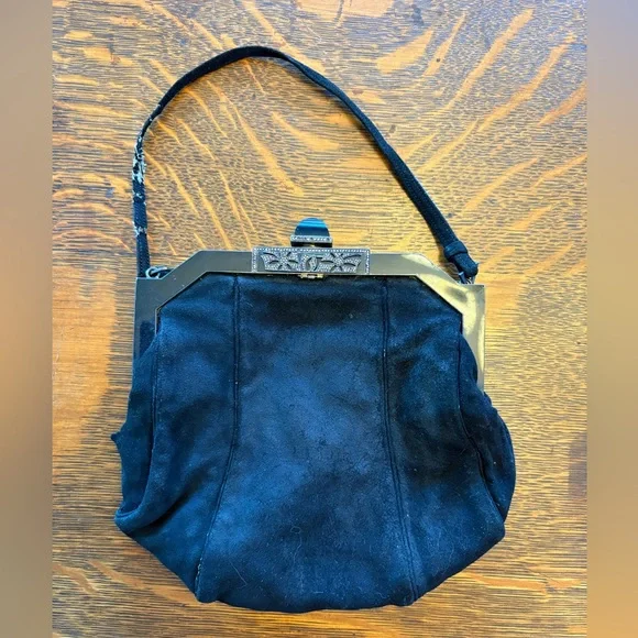 1920-1930 Vintage French Art Deco Black Purse Bag Jane Saltati Metal w/ Stones - Picture 1 of 12